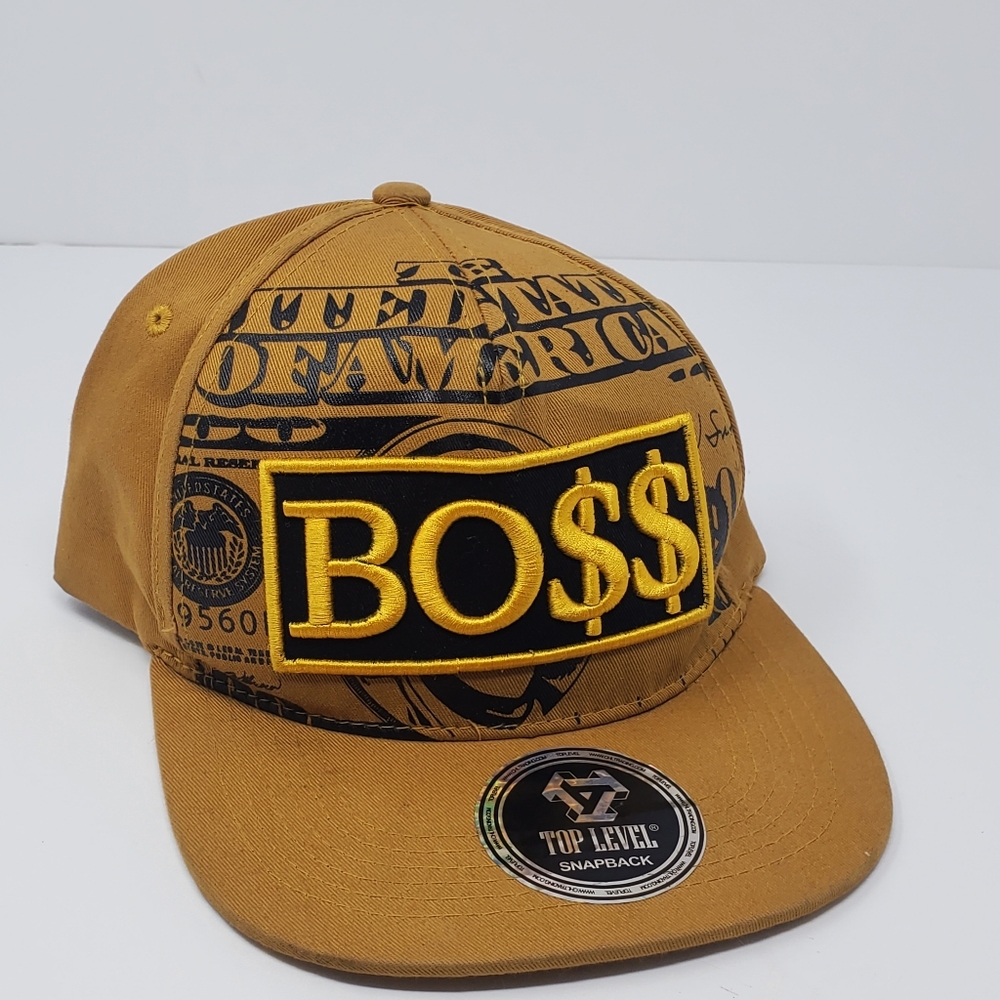 Top Level snapback gold color snapback Boss Hat in Great used condition